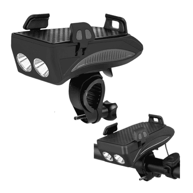 LUZ DELANTERA 4 EN 1 PARA BICICLETA TIMBRE SOPORTE HDRT-1018 NEGRO