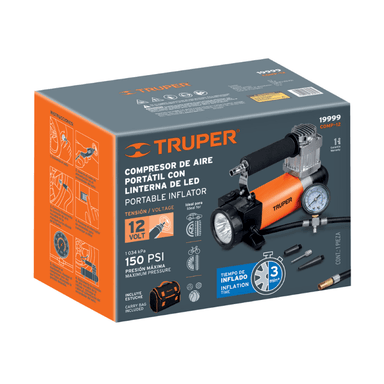COMPRESOR TRUPER COMP-12 AIRE 12 V PORTÁTIL AUTO CON MALETÍN Y LINTERNA