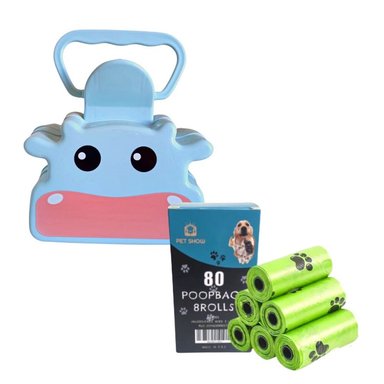 RECOGEDOR HECES MASCOTAS + 80U BOLSAS BIODEGRADABLES ECOLÓGICAS CELESTE