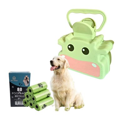 RECOGEDOR HECES MASCOTAS + 80U BOLSAS BIODEGRADABLES ECOLÓGICAS VERDE