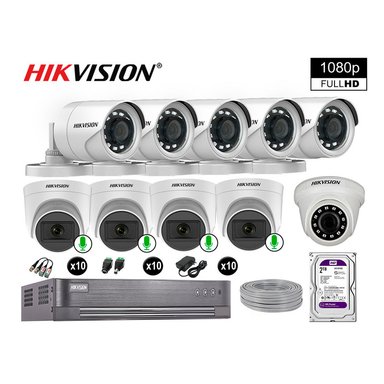 KIT 10 CÁMARA HIKVISION 10021010014 VIGILANCIA FULL HD 04 AUDIO INCORPORADO 2000 GB