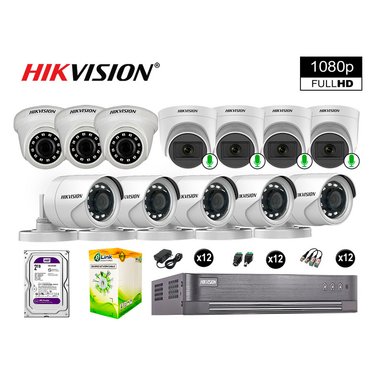 KIT 12 CÁMARA HIKVISION 10021012016 VIGILANCIA FULL HD 04 AUDIO INCORPORADO 2000 GB