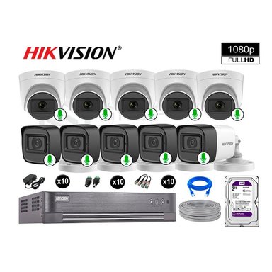KIT 10 CÁMARA HIKVISION 10021010044 VIGILANCIA AUDIO INCORPORADO FULL HD 1080P 2000 GB