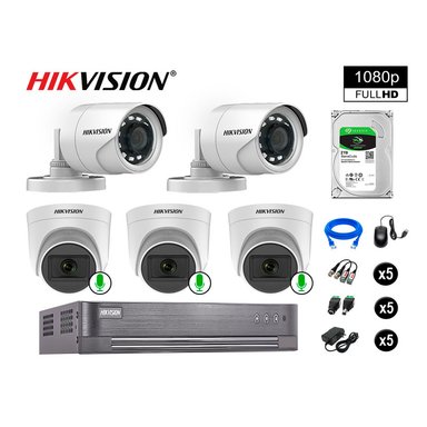 CÁMARA SEGURIDAD HIKVISION KIT 5 FULL HD CON AUDIO | 3 CÁMARA AUDIO DISCO 2TB | LUZ HIBRIDA