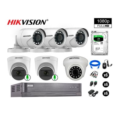CÁMARA SEGURIDAD HIKVISION KIT 6 FULL HD CON AUDIO | 2 CÁMARA AUDIO DISCO 1TB | LUZ HIBRIDA