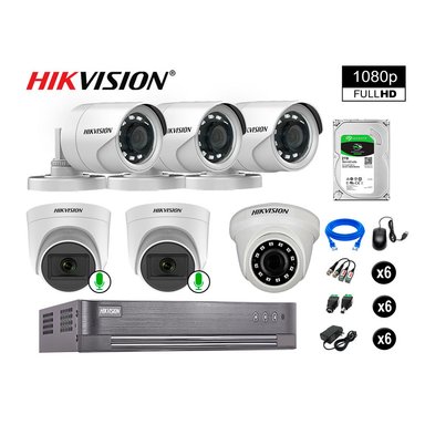 CÁMARA SEGURIDAD HIKVISION KIT 6 FULL HD CON AUDIO | 2 CÁMARA AUDIO DISCO 2TB | LUZ HIBRIDA