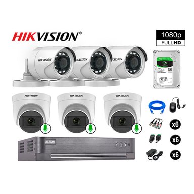 CÁMARA SEGURIDAD HIKVISION KIT 6 FULL HD CON AUDIO | 3 CÁMARA AUDIO DISCO 1TB | LUZ HIBRIDA