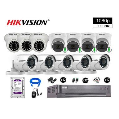 CÁMARA SEGURIDAD HIKVISION KIT 12 FULL HD CON AUDIO | 4 CÁMARA AUDIO DISCO 2TB | LUZ HIBRIDA