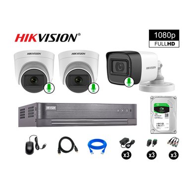 CÁMARA SEGURIDAD HIKVISION KIT 2 FULL HD CON AUDIO | 3 CÁMARA AUDIO DISCO 1TB | LUZ HIBRIDA