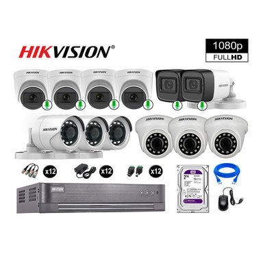 CÁMARA SEGURIDAD HIKVISION KIT 12 FULL HD CON AUDIO | 6 CÁMARA AUDIO DISCO 2TB | LUZ HIBRIDA
