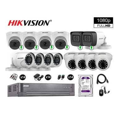 CÁMARA SEGURIDAD HIKVISION KIT 14 FULL HD CON AUDIO | 6 CÁMARA AUDIO DISCO 2TB | LUZ HIBRIDA