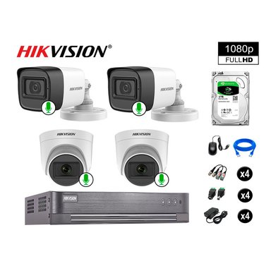 CÁMARA SEGURIDAD HIKVISION KIT 4 FULL HD CON AUDIO INCORPORADO DISCO 1TB | LUZ HIBRIDA