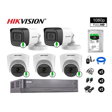CÁMARA SEGURIDAD HIKVISION KIT 5 FULL HD CON AUDIO INCORPORADO DISCO 2TB | LUZ HIBRIDA