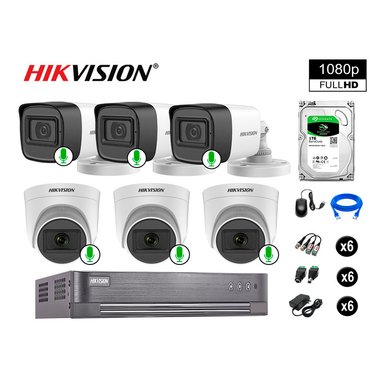 CÁMARA SEGURIDAD HIKVISION KIT 6 FULL HD CON AUDIO INCORPORADO DISCO 1TB | LUZ HIBRIDA