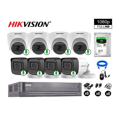 CÁMARA SEGURIDAD HIKVISION KIT 8 FULL HD CON AUDIO INCORPORADO DISCO 1TB | LUZ HIBRIDA