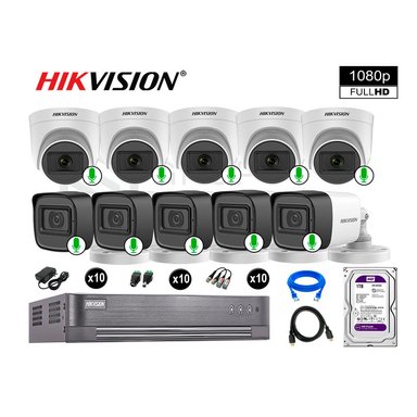 CÁMARA SEGURIDAD HIKVISION KIT 10 FULL HD CON AUDIO INCORPORADO DISCO 1TB | LUZ HIBRIDA