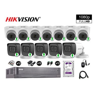 CÁMARA SEGURIDAD HIKVISION KIT 12 FULL HD CON AUDIO INCORPORADO DISCO 1TB | LUZ HIBRIDA