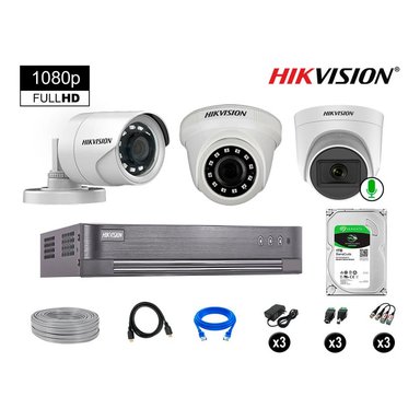 KIT 3 CÁMARA SEGURIDAD HIKVISION 10020103014 VIGILANCIA FULL HD 1 CON AUDIO 1 TB