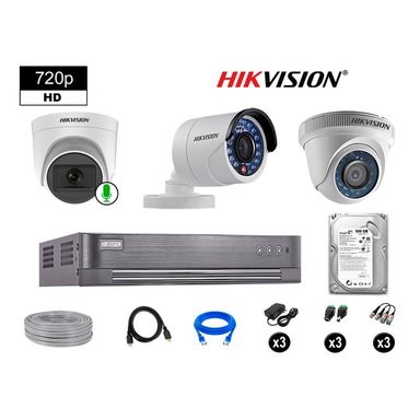 KIT 3 CÁMARA SEGURIDAD HIKVISION 10020103018 VIGILANCIA HD 720P 1 CON AUDIO 500 GB