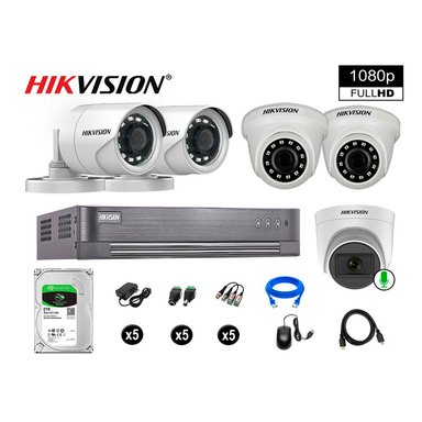 KIT 5 CÁMARA SEGURIDAD HIKVISION 10020105041 VIGILANCIA FULL HD 1 CON AUDIO 2 TB