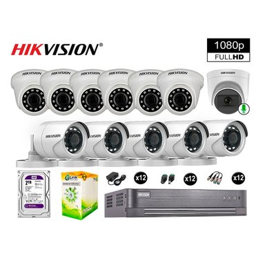 KIT 12 CÁMARA SEGURIDAD HIKVISION 10020112089 VIGILANCIA FULL HD 1 CON AUDIO 2 TB