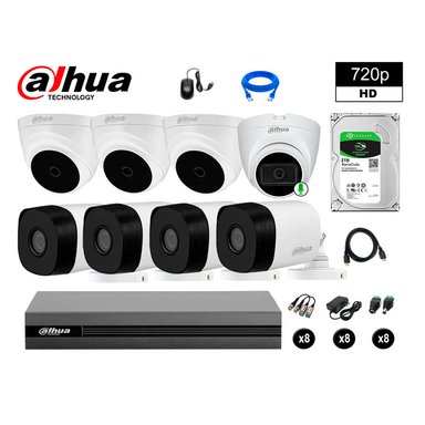 KIT 8 CÁMARA SEGURIDAD DAHUA 13020108064 HD 720P 1 CON AUDIO 2 TB