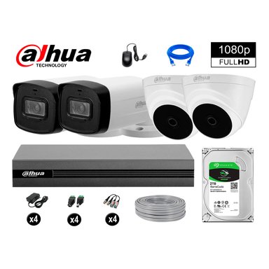 KIT 4 CÁMARA SEGURIDAD DAHUA 13020404002 40MTS MAYOR ALCANCE FULL HD + DISCO P2P 2 TB