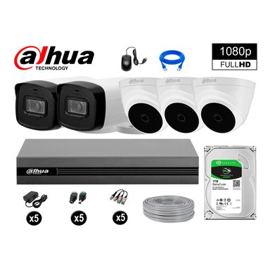 KIT 5 CÁMARA SEGURIDAD DAHUA 13020405005 40MTS MAYOR ALCANCE FULL HD + DISCO P2P 1 TB