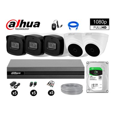 KIT 5 CÁMARA SEGURIDAD DAHUA 13020405007 40MTS MAYOR ALCANCE FULLHD DISCO COMPLETO 1 TB