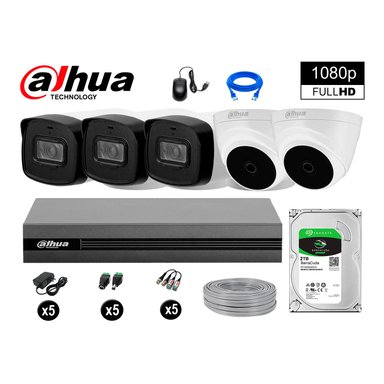 KIT 5 CÁMARA SEGURIDAD DAHUA 13020405008 40MTS MAYOR ALCANCE FULLHD DISCO COMPLETO 2 TB