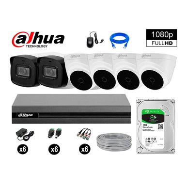 KIT 6 CÁMARA SEGURIDAD DAHUA 13020406009 40MTS MAYOR ALCANCE FULL HD + DISCO P2P 1 TB