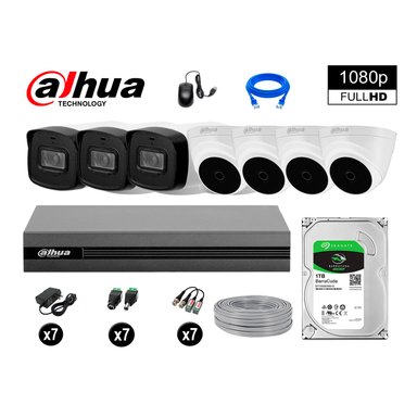 KIT 7 CÁMARA SEGURIDAD DAHUA 13020407015 40MTS MAYOR ALCANCE FULL HD + DISCO P2P 1 TB