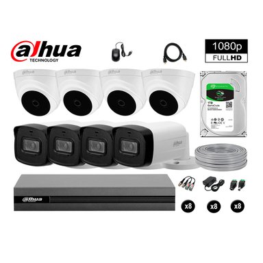 KIT 8 CÁMARA SEGURIDAD DAHUA 13020408021 40MTS MAYOR ALCANCE FULLHD DISCO COMPLETO 1 TB
