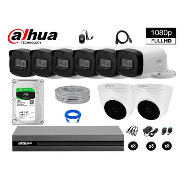 KIT 8 CÁMARA SEGURIDAD DAHUA 13020408023 40MTS MAYOR ALCANCE FULL HD + DISCO P2P 1 TB