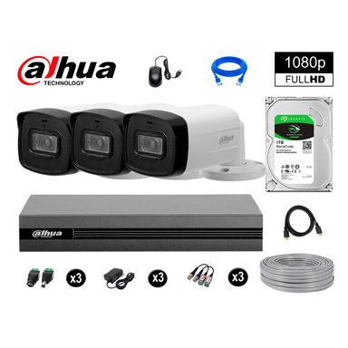 KIT 3 CÁMARA SEGURIDAD DAHUA 13020603022 40M LARGO ALCANCE EXTERIOR FULL HD DISCO 1 TB