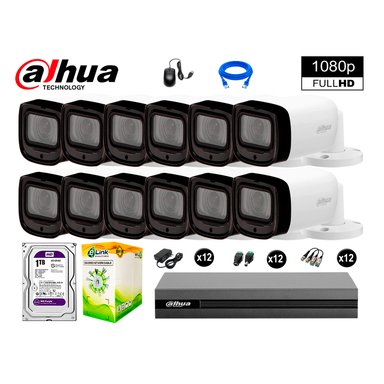 KIT 12 CÁMARA SEGURIDAD DAHUA 13020612055 EXTERIOR VARIFOCAL 1080P + DISCO WD 1 TB