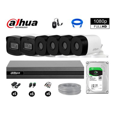 KIT 6 CÁMARA SEGURIDAD DAHUA 13020606068 40M LARGO ALCANCE EXTERIOR FULL HD + DISCO 2 TB
