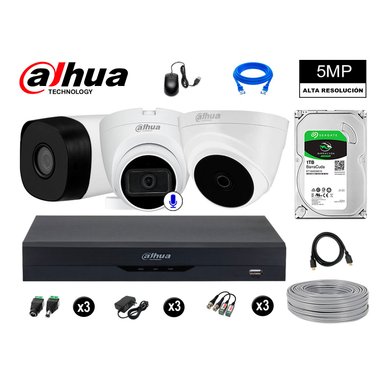 KIT 3 CÁMARA SEGURIDAD DAHUA 13020803002 5MP + DISCO 01 CON AUDIO P2P 1 TB