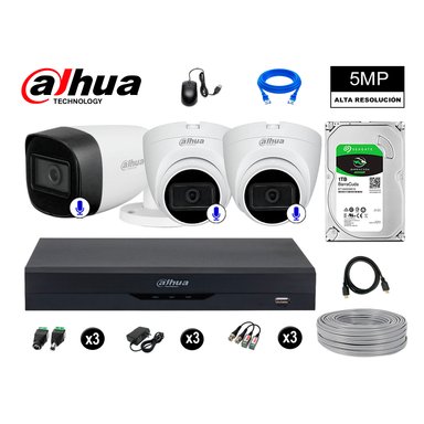KIT 3 CÁMARA SEGURIDAD DAHUA 13020803022 5MP + DISCO AUDIO INCORPORADO P2P COMPLETO 1 TB