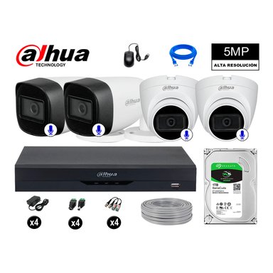 KIT 4 CÁMARA SEGURIDAD DAHUA 13020804023 5MP + DISCO AUDIO INCORPORADO P2P COMPLETO 1 TB
