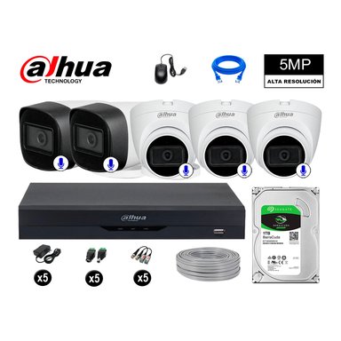 KIT 5 CÁMARA SEGURIDAD DAHUA 13020805025 5MP + DISCO AUDIO INCORPORADO P2P COMPLETO 1 TB