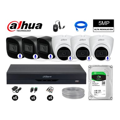 KIT 6 CÁMARA SEGURIDAD DAHUA 13020806027 5MP + DISCO AUDIO INCORPORADO P2P COMPLETO 1 TB