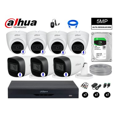 KIT 7 CÁMARA SEGURIDAD DAHUA 13020807029 5MP + DISCO AUDIO INCORPORADO P2P COMPLETO 1 TB
