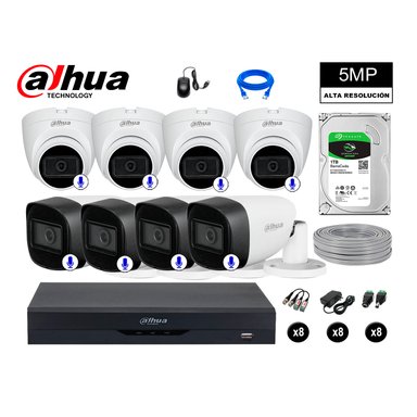 KIT 8 CÁMARA SEGURIDAD DAHUA 13020808031 5MP + DISCO AUDIO INCORPORADO P2P COMPLETO 1 TB