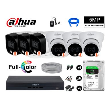 KIT 6 CÁMARA SEGURIDAD DAHUA 13021306007 5MP + DISCO VISION NOCTURNA FULL COLOR 1 TB
