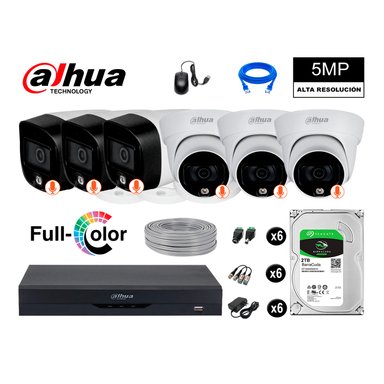 KIT 6 CÁMARA SEGURIDAD DAHUA 13021306008 5MP + DISCO VISION NOCTURNA FULL COLOR 2 TB