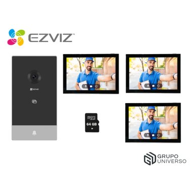 KIT EZVIZ HP7 2K + 2 MON. AD + 64GB NEGRO VIDEOPORTERO INTELIGENTE HP7 2K EXTERIOR + 2 MONITORES 64GB