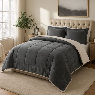 EDREDON NUBE HOGAR QUEEN INVERNIA SET CUADROS FELPA CON SHERPA + FUNDAS DE ALMOHADA