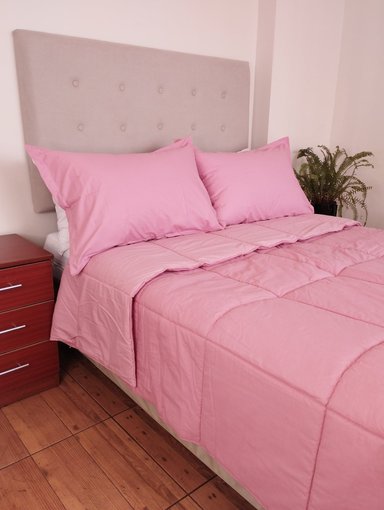 EDREDON 2 PLAZAS CUADROS ALGODÓN PERU PIMA ROSA GLADIOLO + FUNDAS DE ALMOHADA PROMO