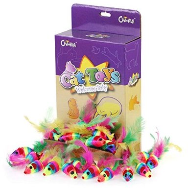 JUGUETE GATO INTERACTIVO CON CUERDA ARCOÍRIS Y PLUMAS 24 UJNIDADES CHIWAVA